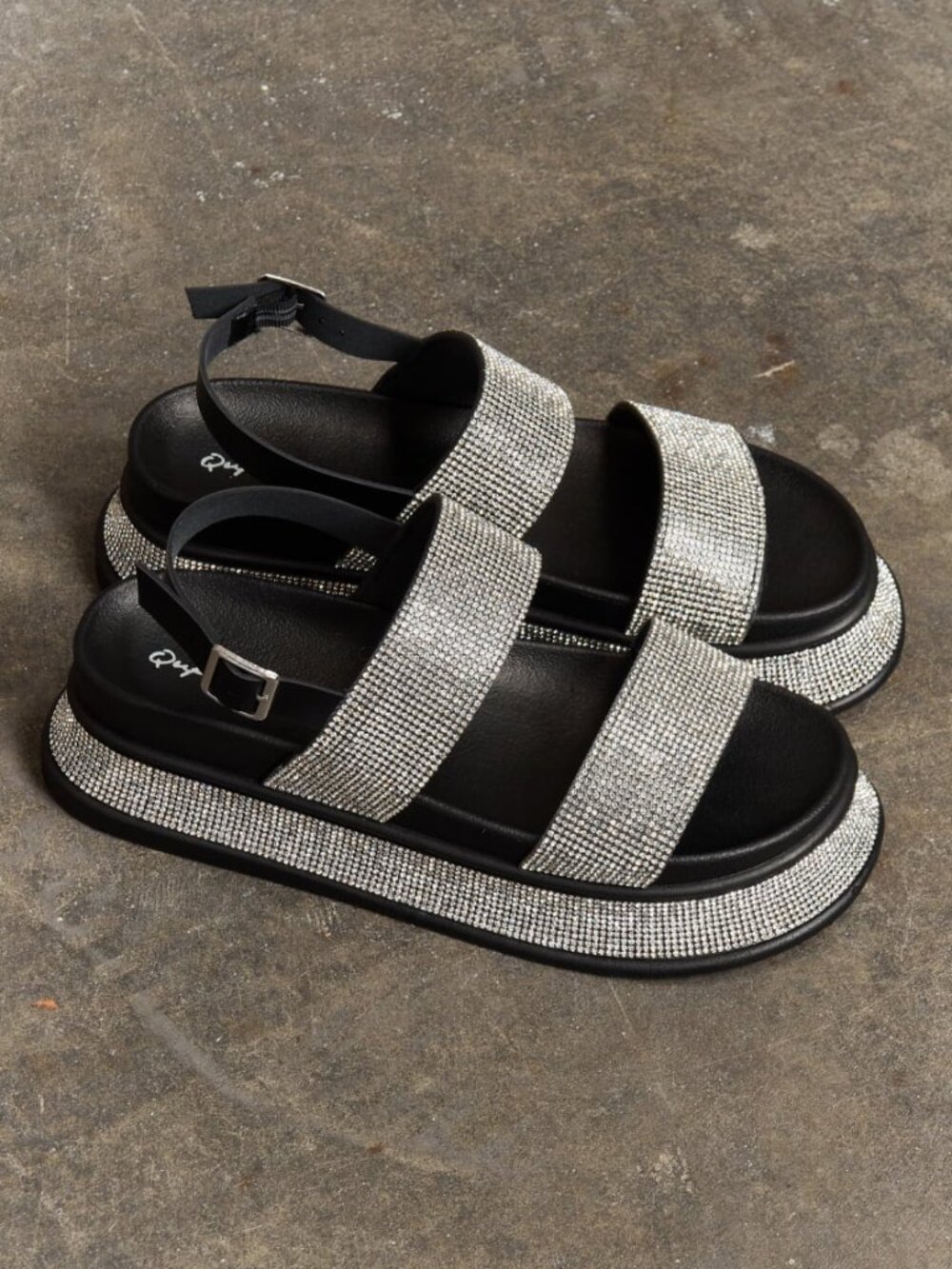 Black Rhinestone Platform Slingback Sandals | Qupid Shine On